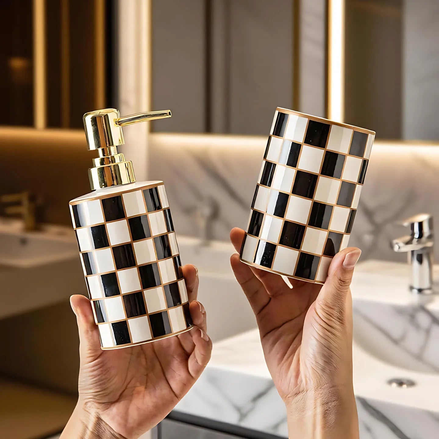 Ceramic Soap Dispenser – Grid Pattern Lotion Bottle