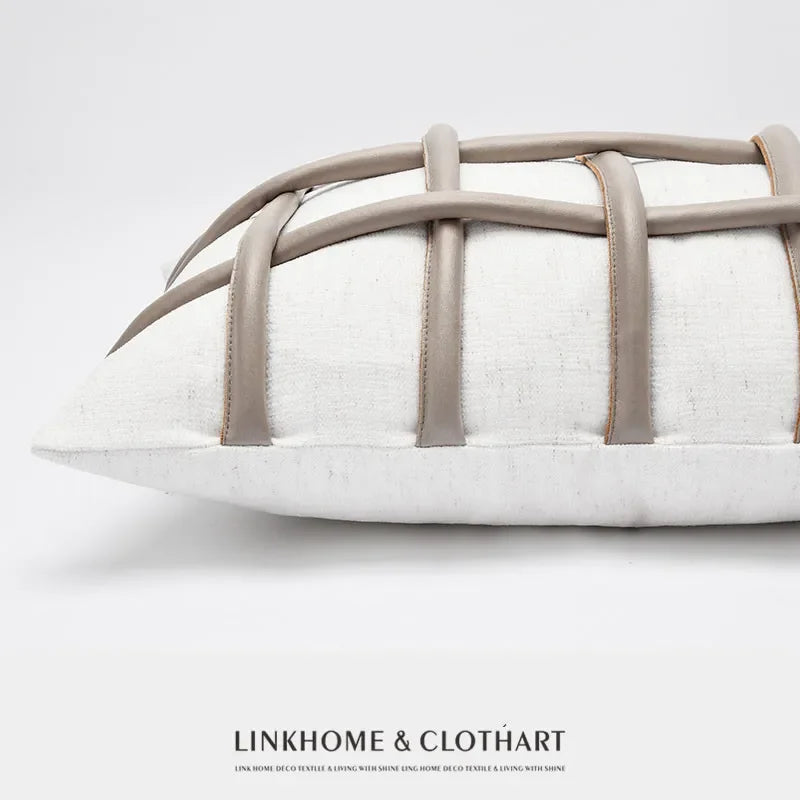 Housse de Coussin Simili Cuir Café Motif Écossais