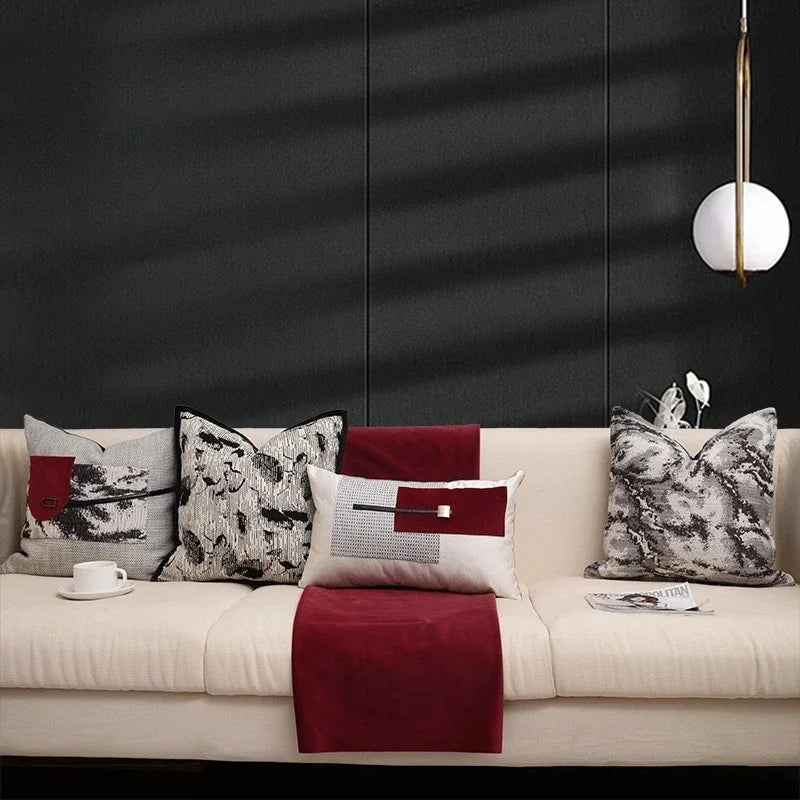 Housse de Coussin Encre de Chine Style Rouge et Gris