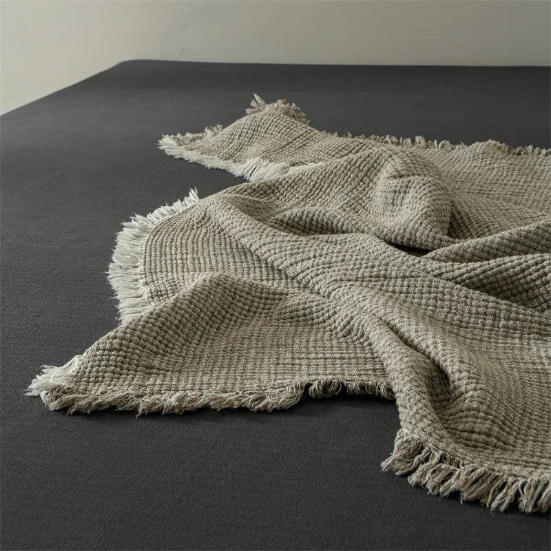 Couverture à Pompons en Coton et Lin