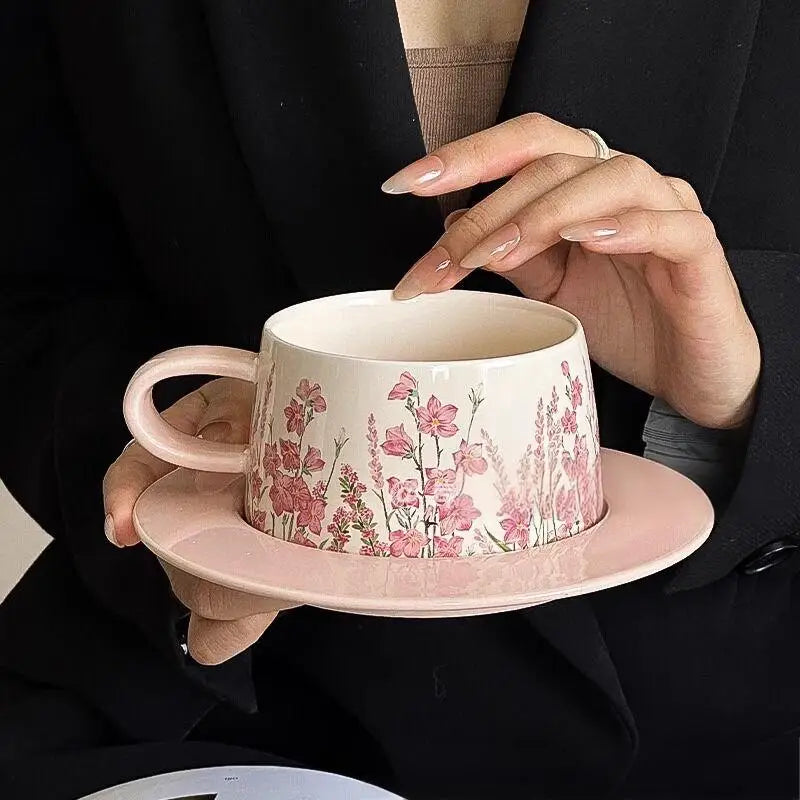 Tasse et Soucoupe en Céramique Rose - Style Français Rétro