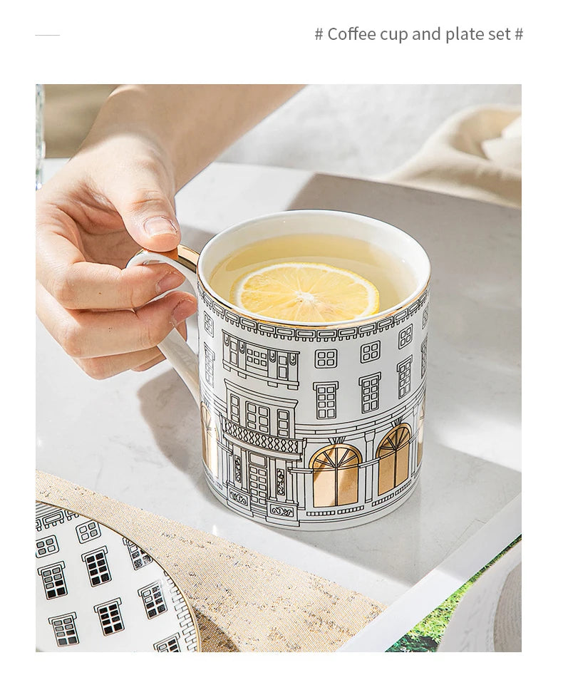 Tasse à Café et Assiette en Céramique Motif Architecture Romaine