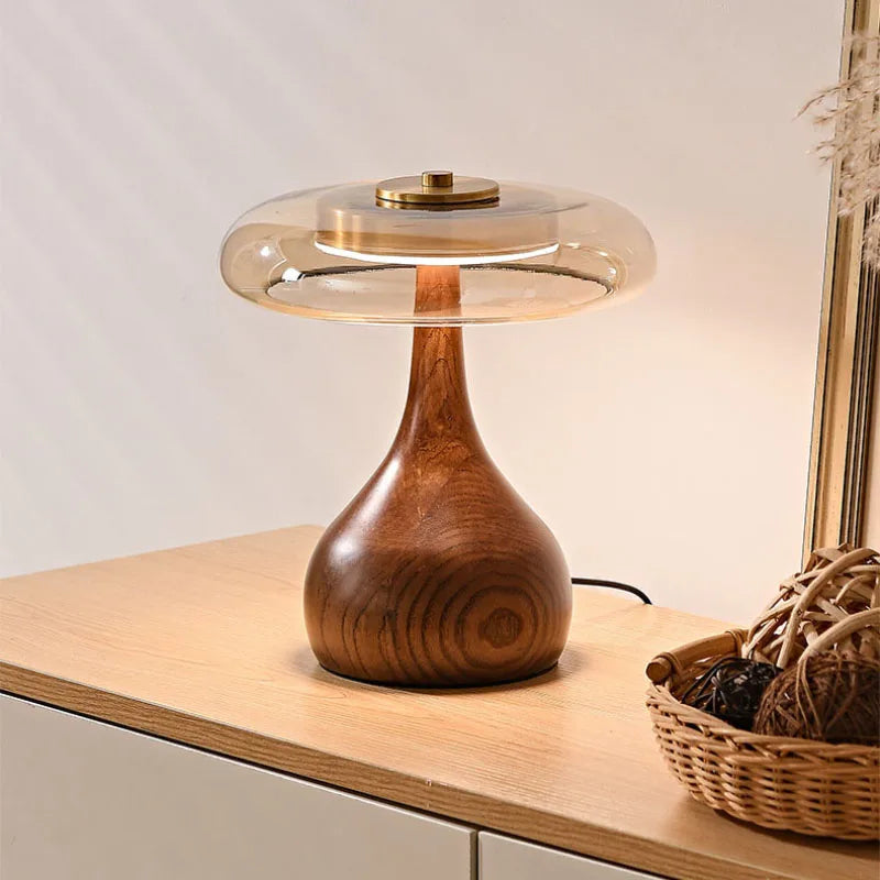 Lampe de Table Nordique Cuivre Verre et Bois LED
