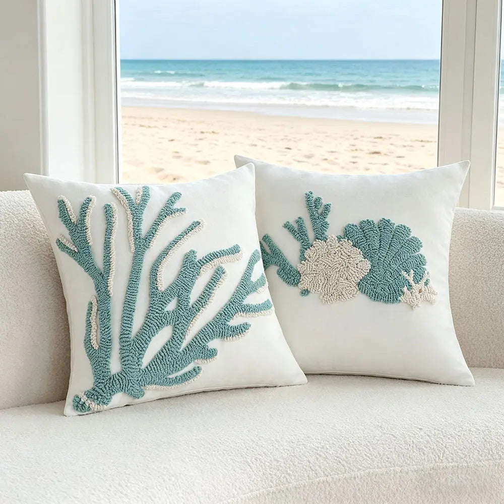 Housse de Coussin Capitonnée Motif Coquillage - Esprit Bord de Mer