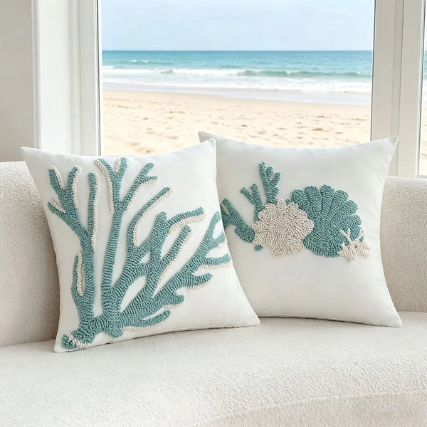 Housse de Coussin Capitonnée Motif Coquillage - Esprit Bord de Mer