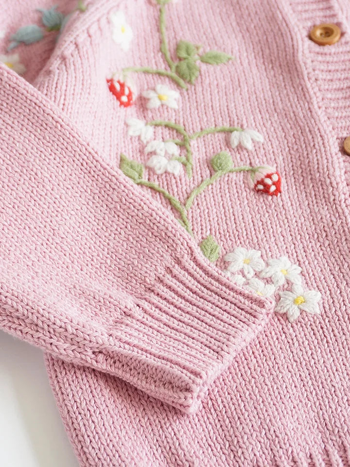 Cardigan Fille Brodé Motif Champignon