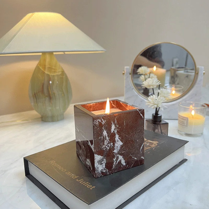 Bougeoir en Marbre Naturel Calacatta - Design Carré Sculpté