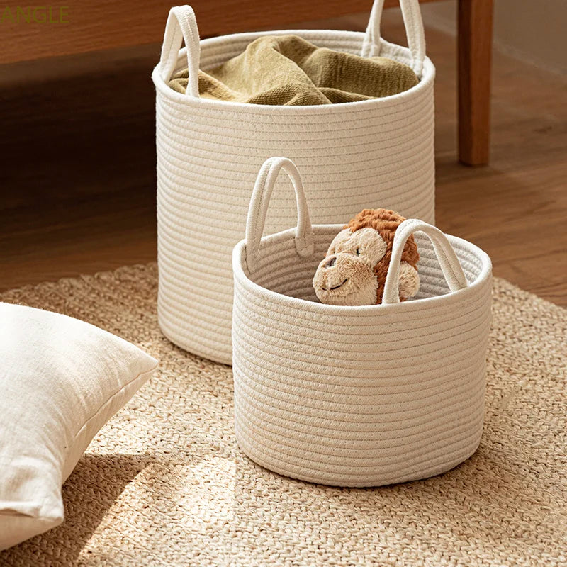 Panier à Linge Blanc en Corde de Coton Tressée