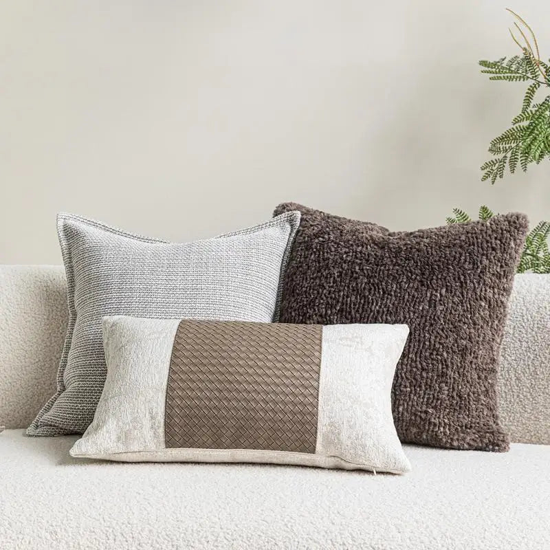 Housse de Coussin Beige Velours Bouclé Tricolore