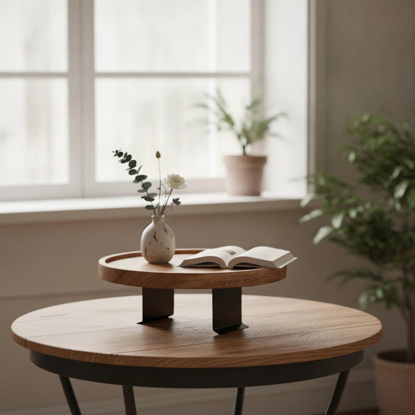 Round Sofa Armrest Tray – Space-Saving Wood Couch Table