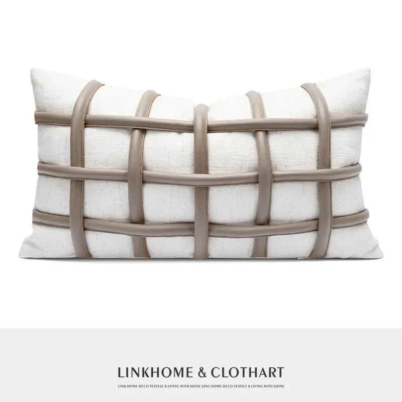 Housse de Coussin Simili Cuir Café Motif Écossais