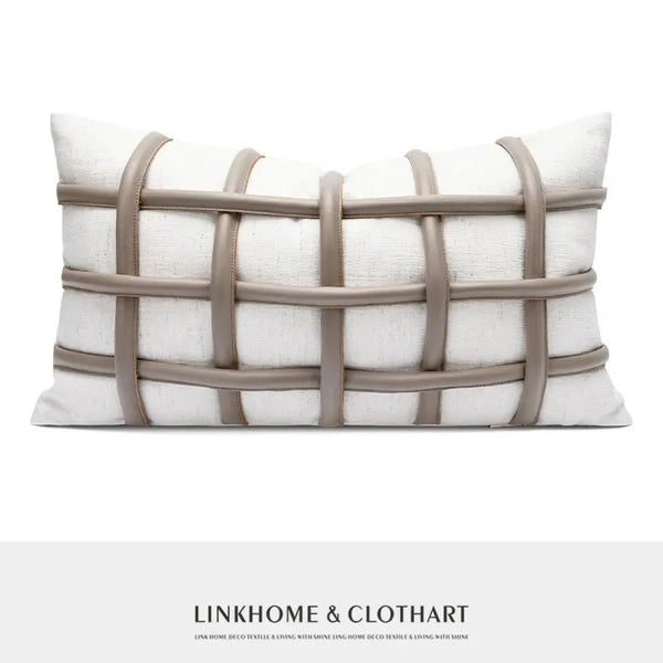 Housse de Coussin Simili Cuir Café Motif Écossais