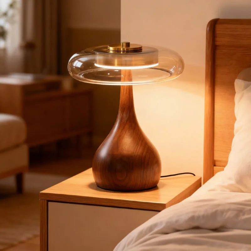 Lampe de Table Nordique Cuivre Verre et Bois LED