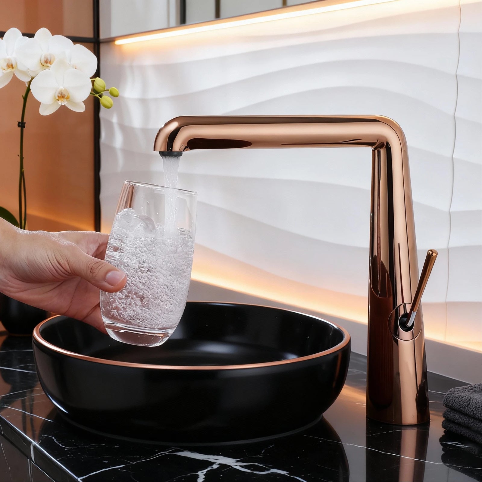 Robinet de Lavabo Or Rose Brossé Valve Céramique Laiton