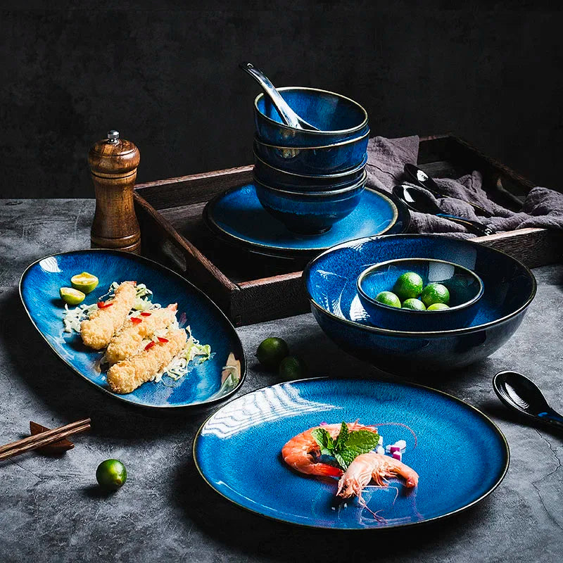 Service de Vaisselle Céramique Bleu Effet Flammé Style Japonais