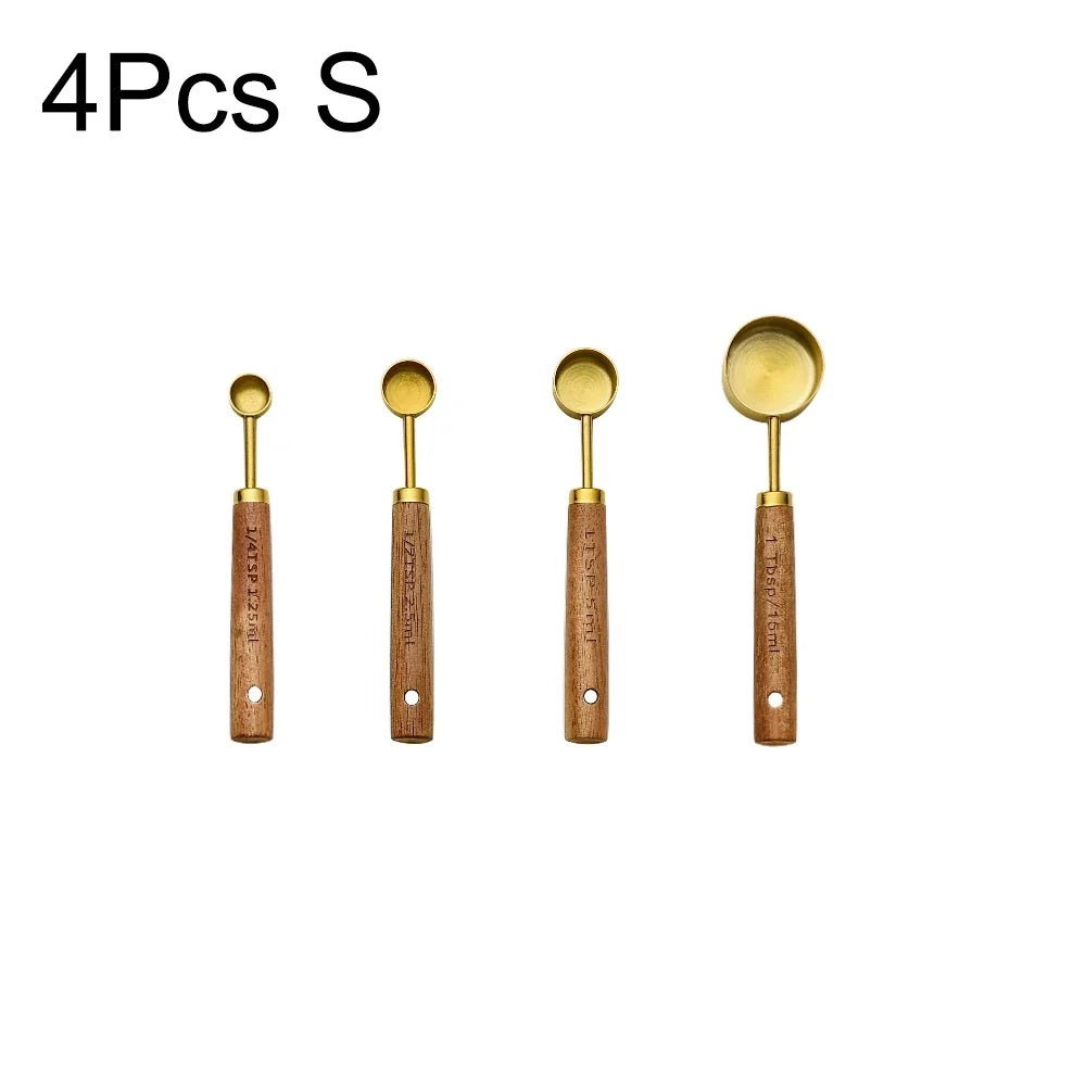 Ensemble Tasses et Cuillères à Mesurer Doré Manche Bois