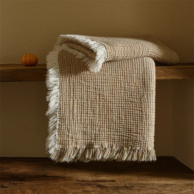 Couverture à Pompons en Coton et Lin