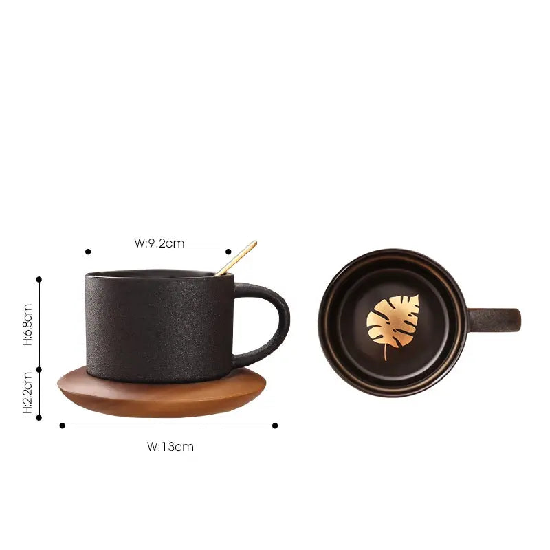 Tasse en Céramique Noire Nordique Givrée avec Soucoupe Bois