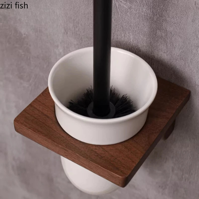 Porte-Brosse WC Mural en Bois et Céramique - Sans Perçage