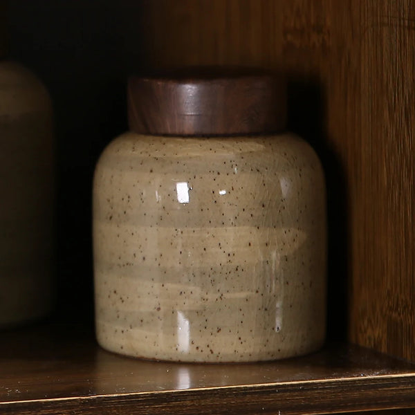 Pot de Rangement Céramique Couvercle Bois Style Rétro