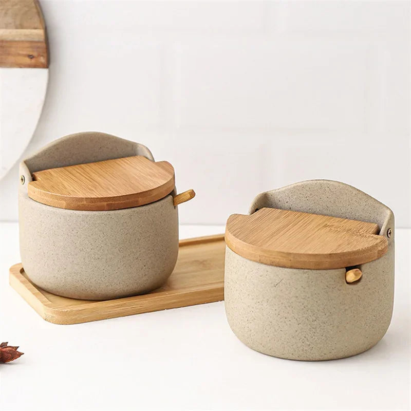Pot à Épices en Céramique Couvercle Bambou avec Cuillère