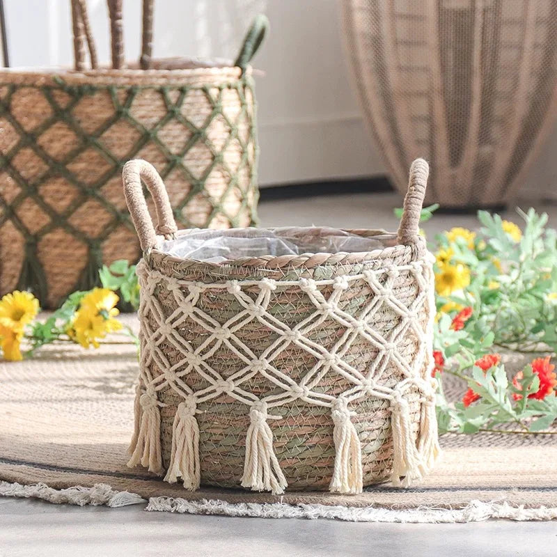 Panier de Rangement en Algue Marine Tressée Blanc