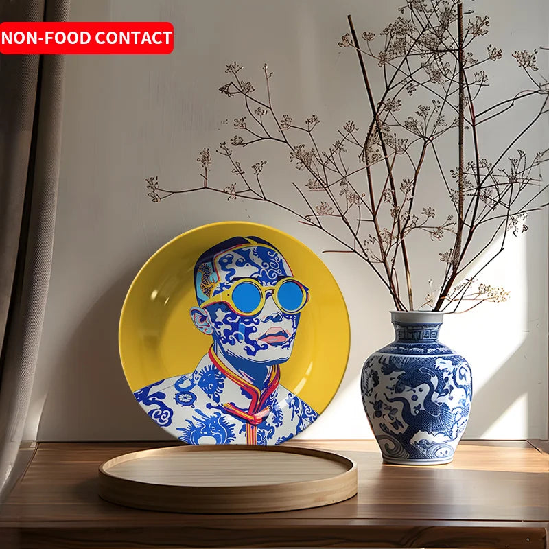 Assiette Décorative Céramique Jaune et Bleu Art Moderne