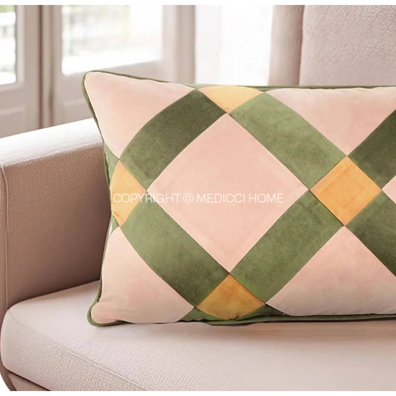 Beige & Gold Striped Lumbar Pillow Cover – Velvet Patchwork, 45x65cm