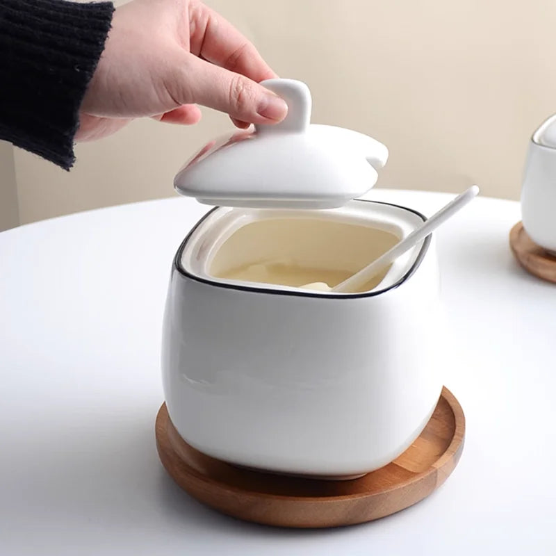 Salière et Sucrier en Céramique Blanche avec Cuillère