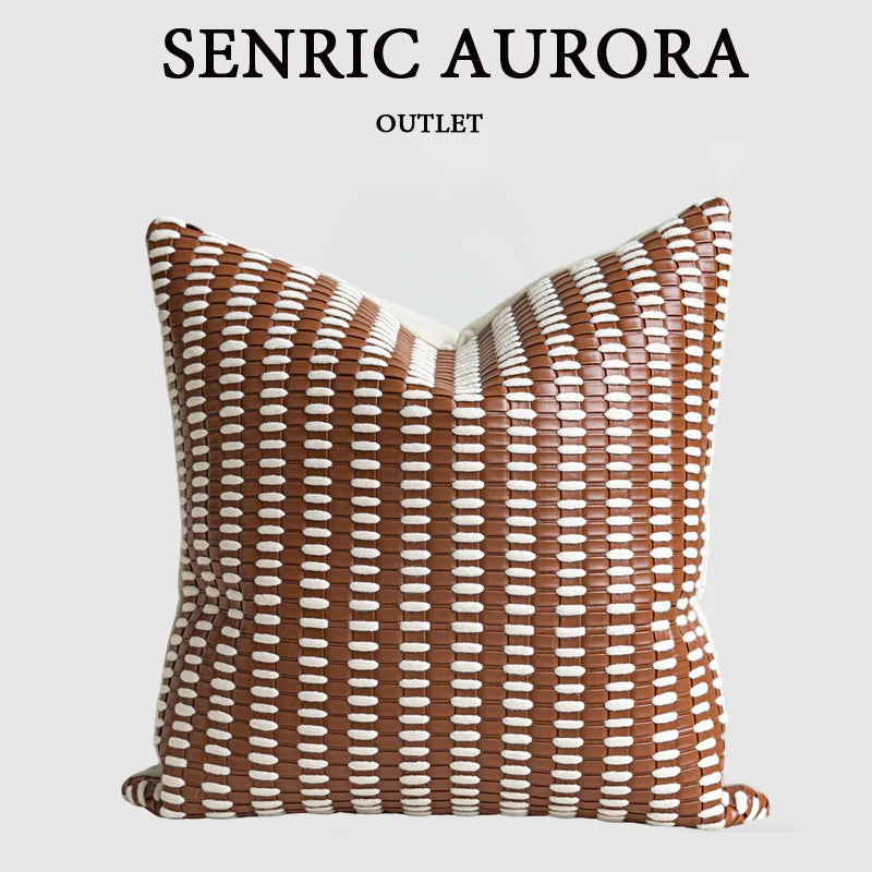 Housse de Coussin Cuir Tissé Orange et Blanc Format Carré