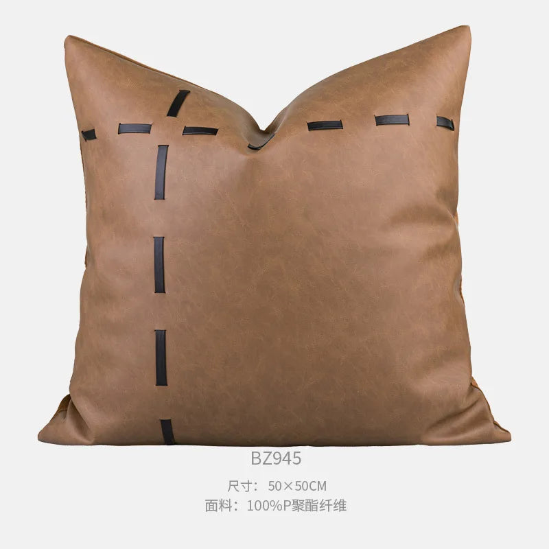 Housse de Coussin Beige Brun Patchwork Cuir Style Français