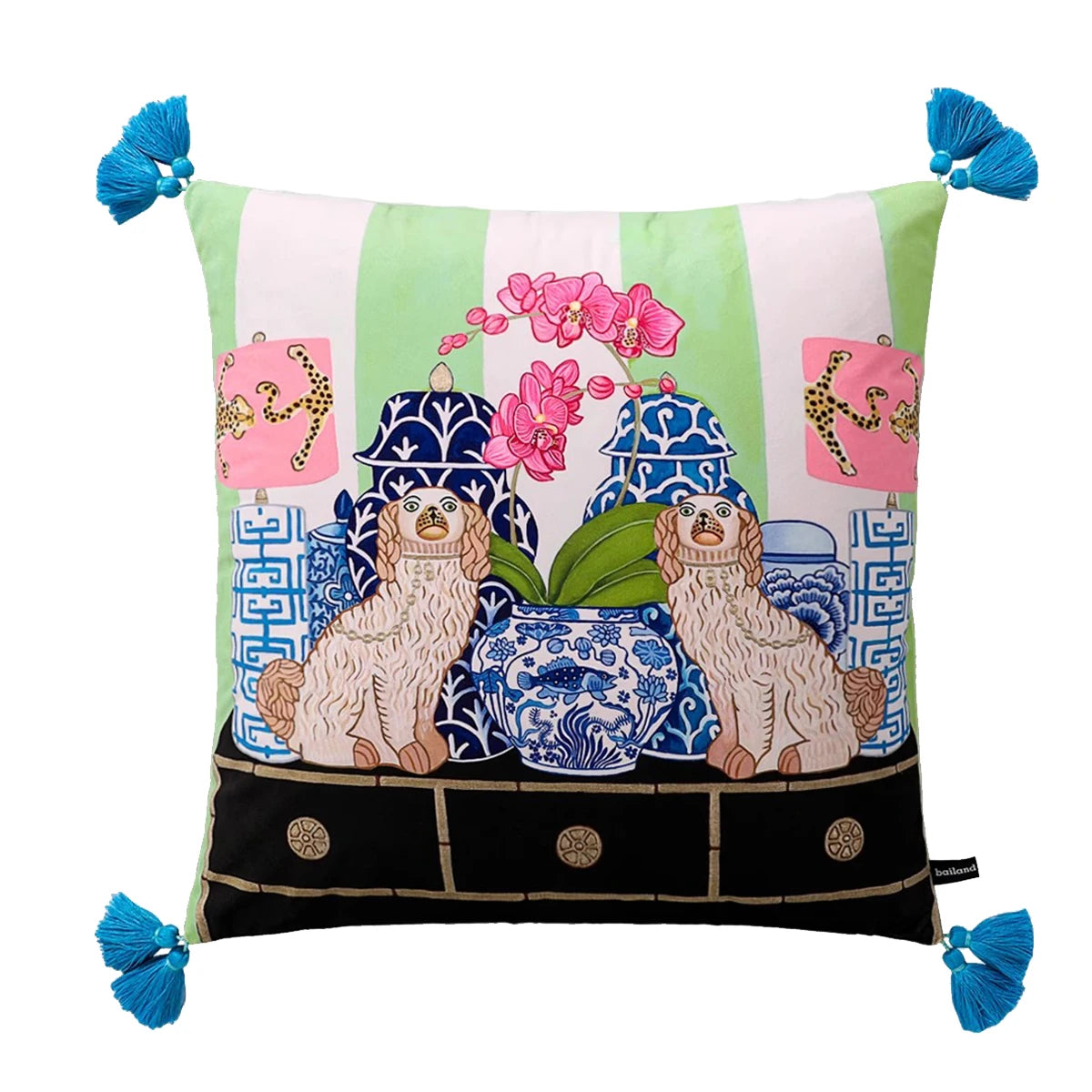 Housse de Coussin Velours Motif Léopard à Pompons