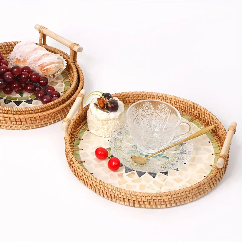 Plateau en Rotin Tressé Style Bohème Coquillages