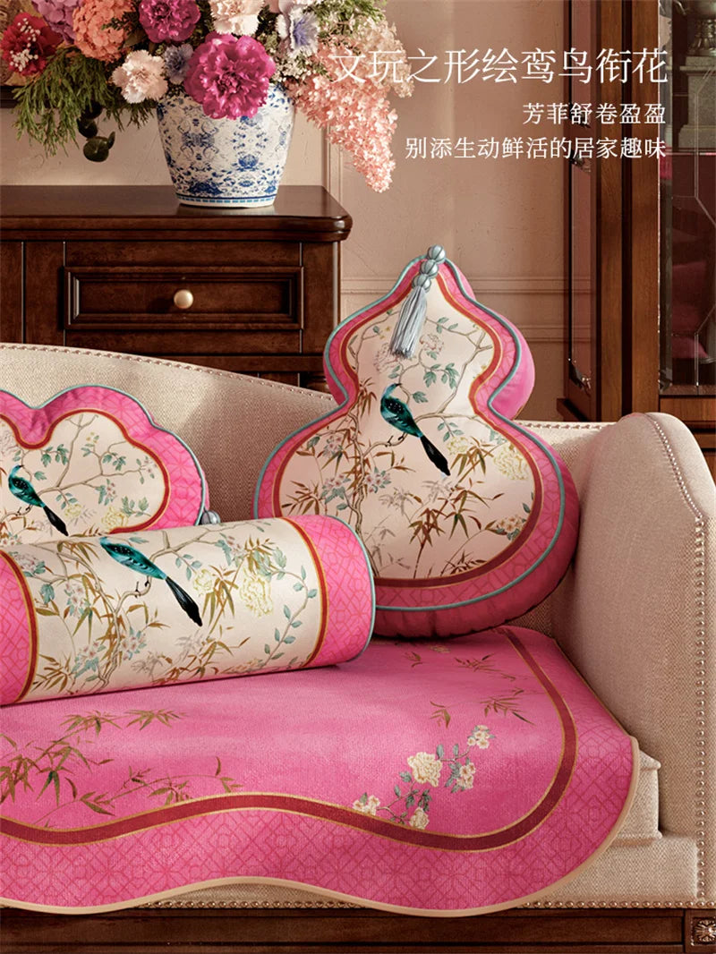 Coussin Décoratif Forme Gourde - Motif Floral et Oiseaux