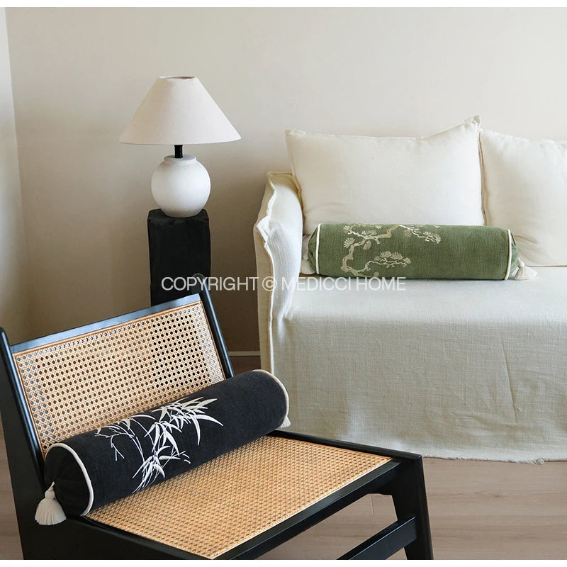 Housse de Coussin Cylindrique Brodée Feuilles de Bambou