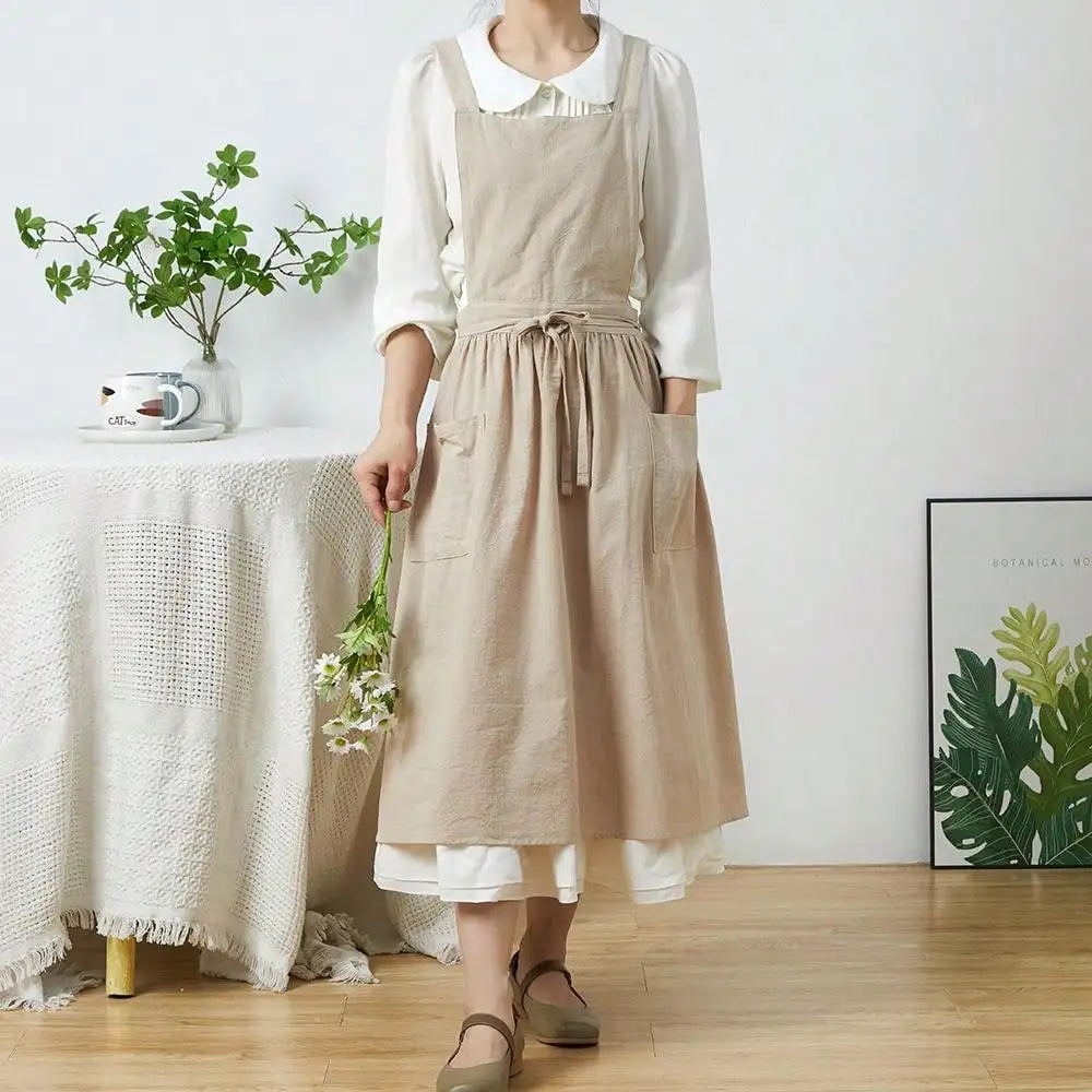 Tablier Robe Plissé Coton Lin Croisé Dans le Dos
