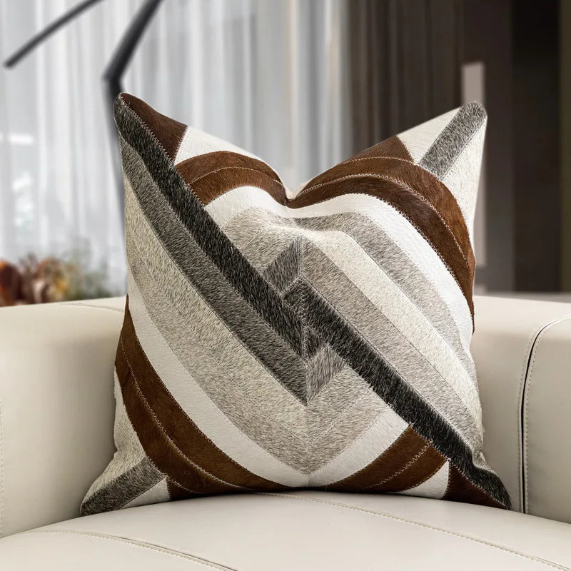 Housse de Coussin Peau de Vache Grise Patchwork Brun Tissé