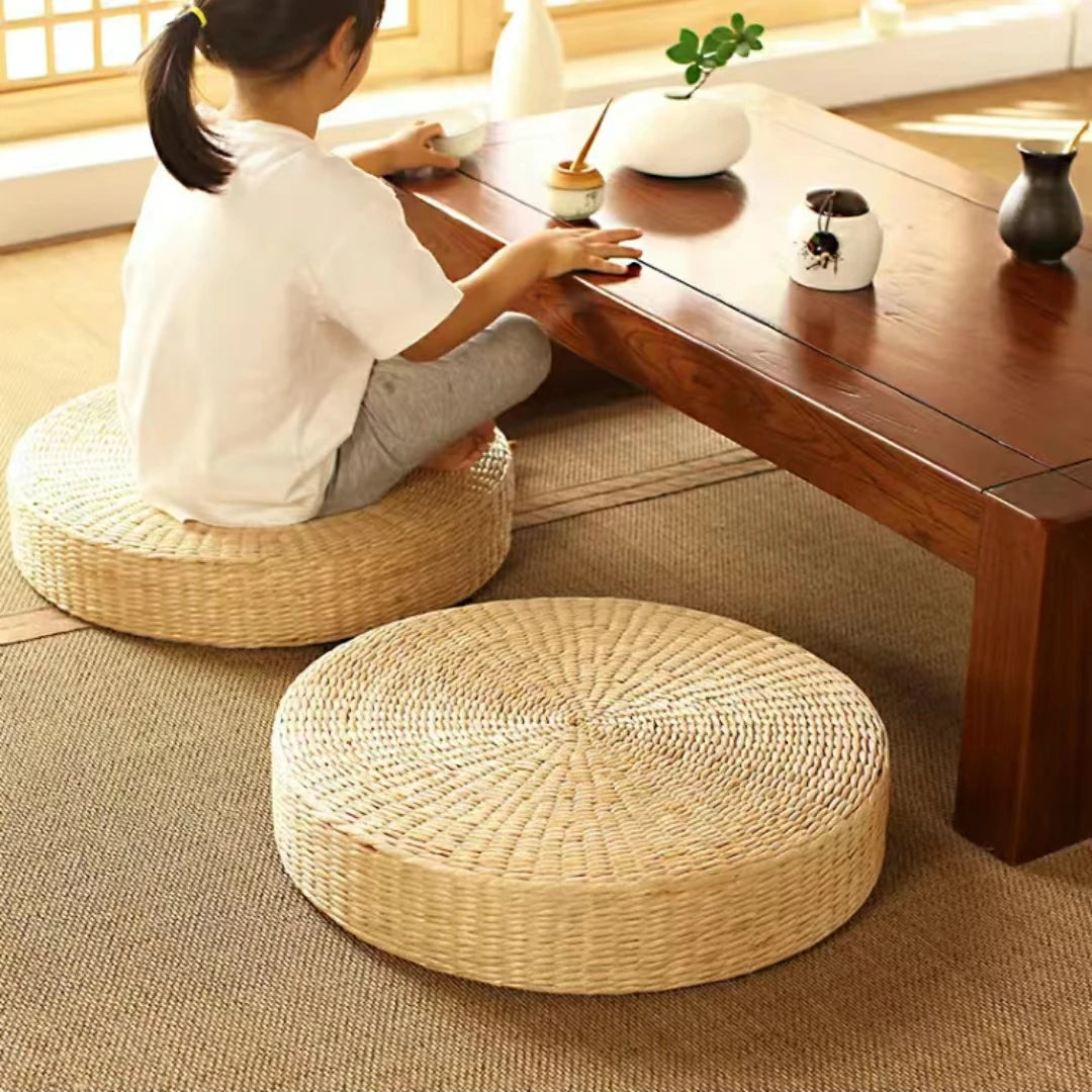 Coussin Rond en Paille Naturelle Tressée - Style Tatami