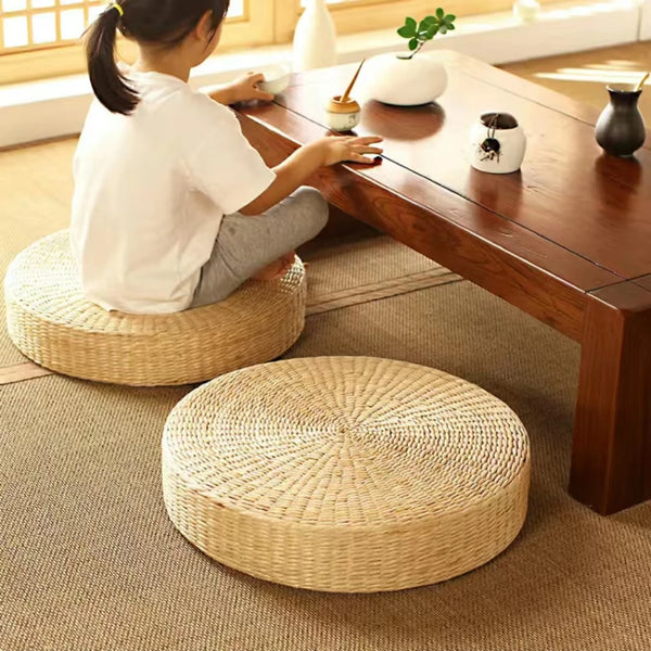 Coussin Rond en Paille Naturelle Tressée - Style Tatami