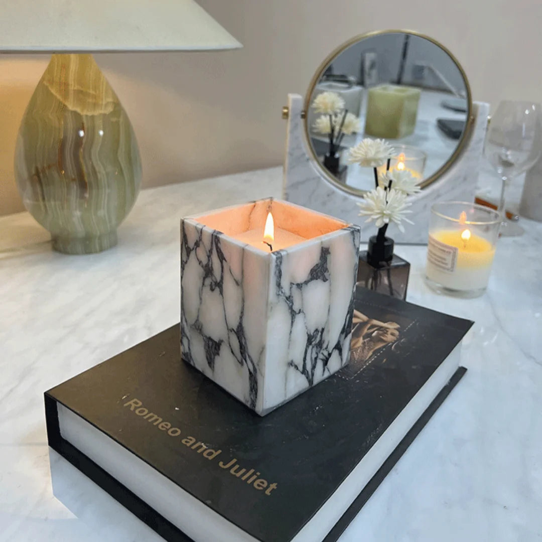 Bougeoir en Marbre Naturel Calacatta - Design Carré Sculpté