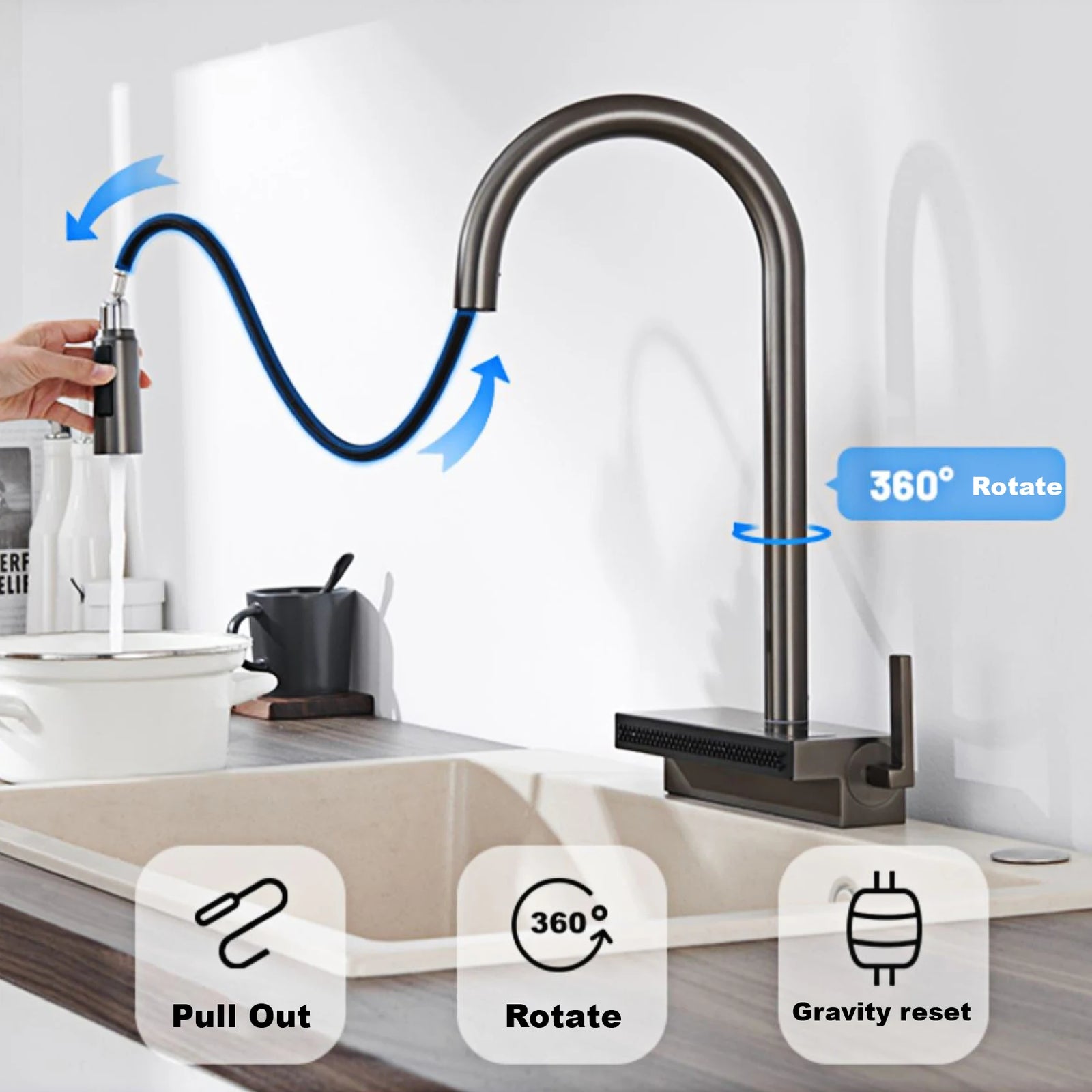 Robinet de Cuisine Extractible Écran LED Gris Métal