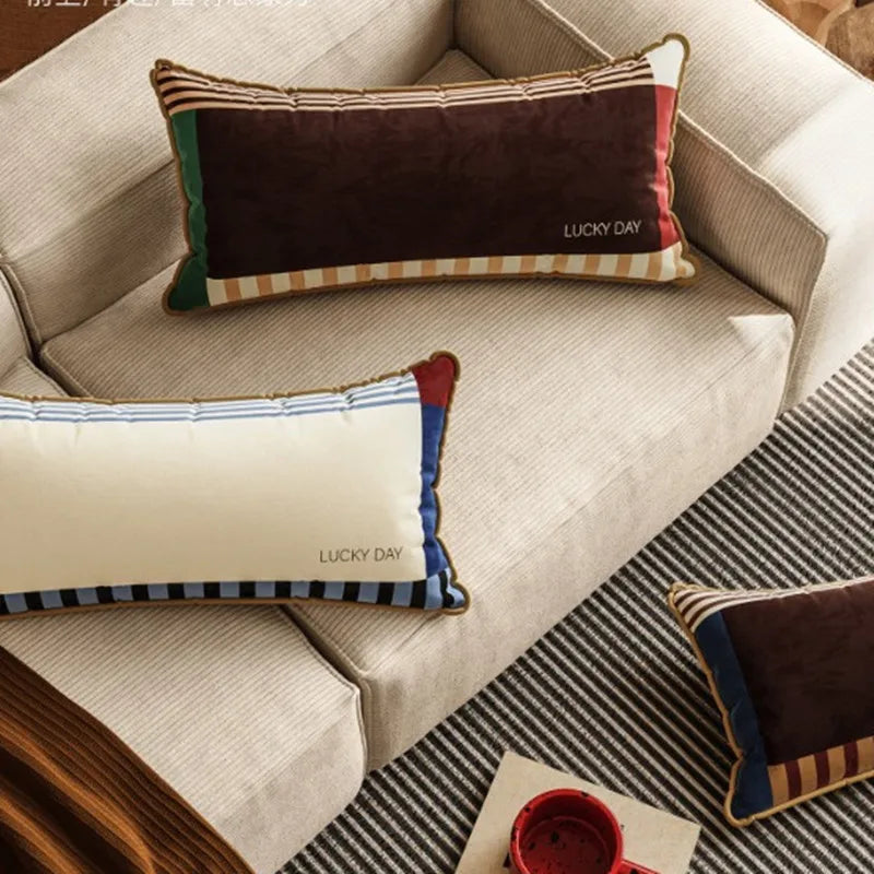 Housse de Coussin Lombaire Rayée Patchwork - Style Rétro