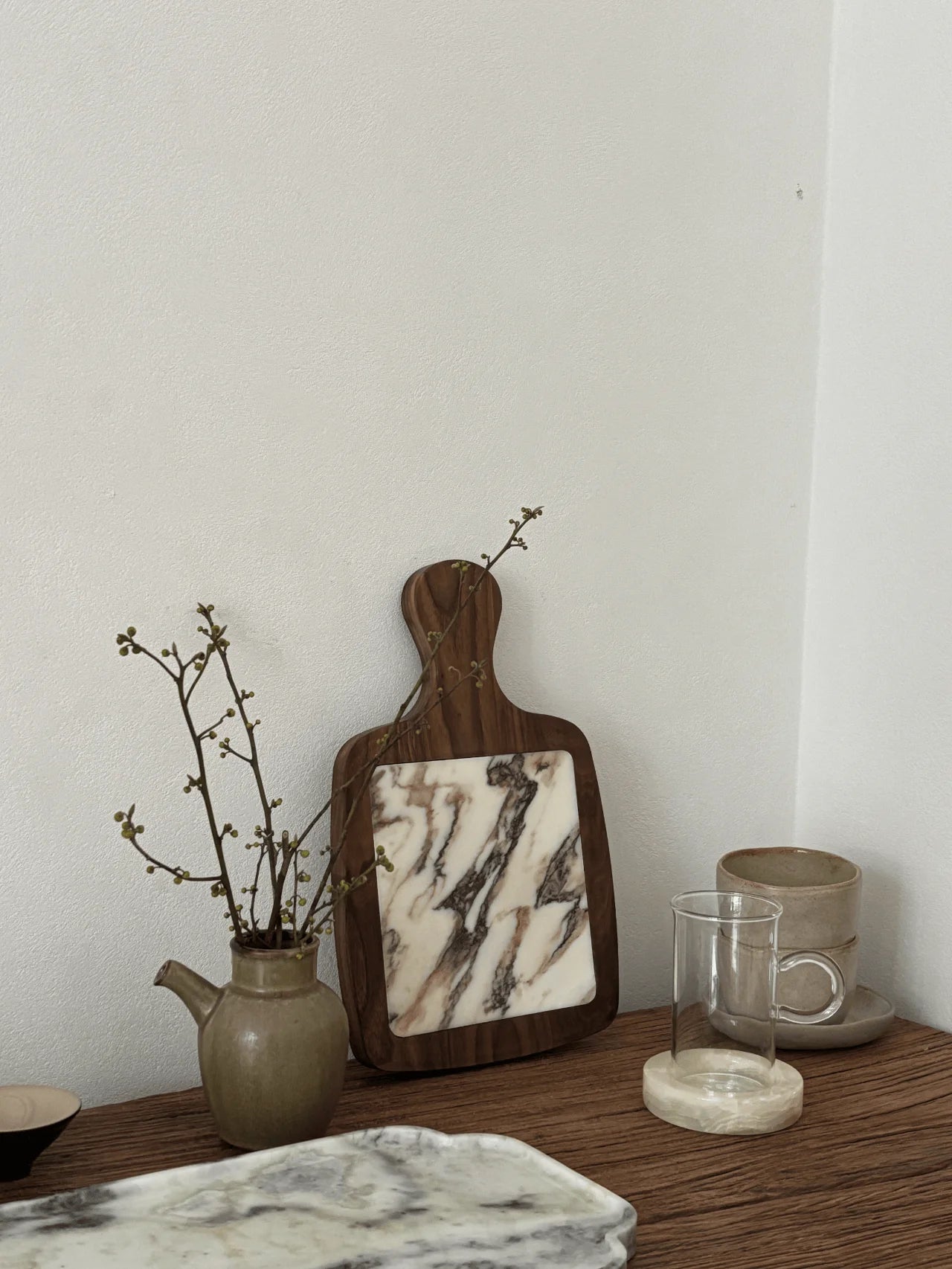 Plateau Marbre Calacatta Viola Manche en Bois