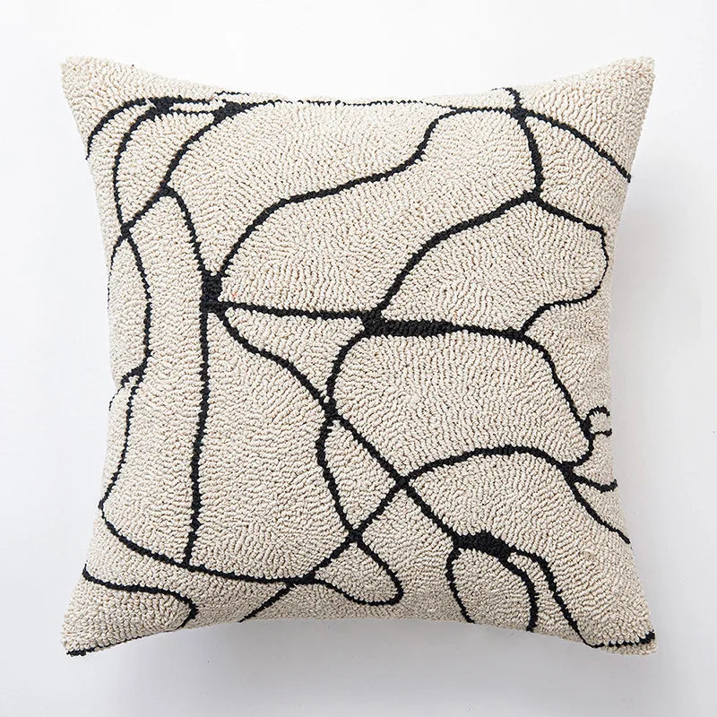 Housse de Coussin Brodée Motif Géométrique Abstrait Beige Noir