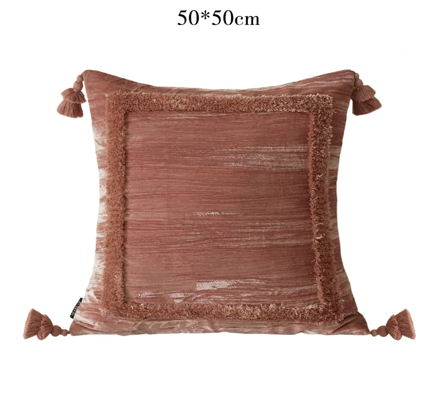 Housse de Coussin Bohème en Velours - Franges et Bordure Capitonnée