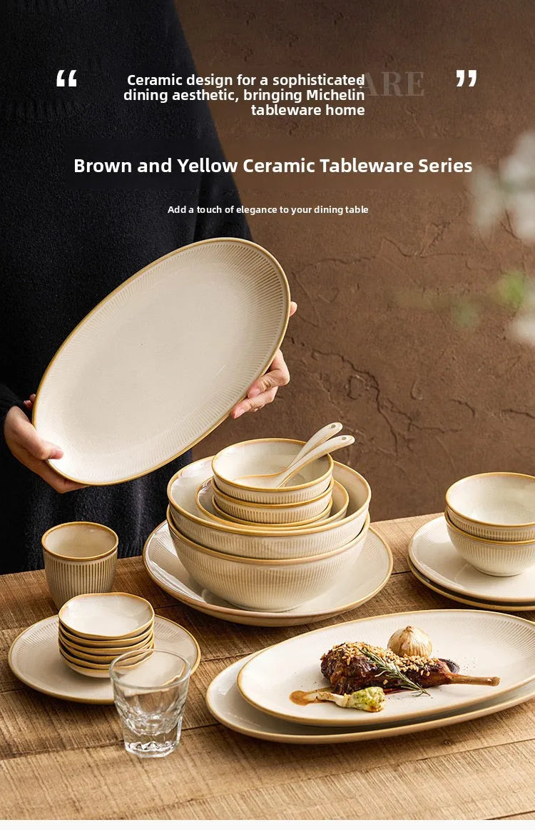 Service de Table Céramique Émaillée Jaune et Brun