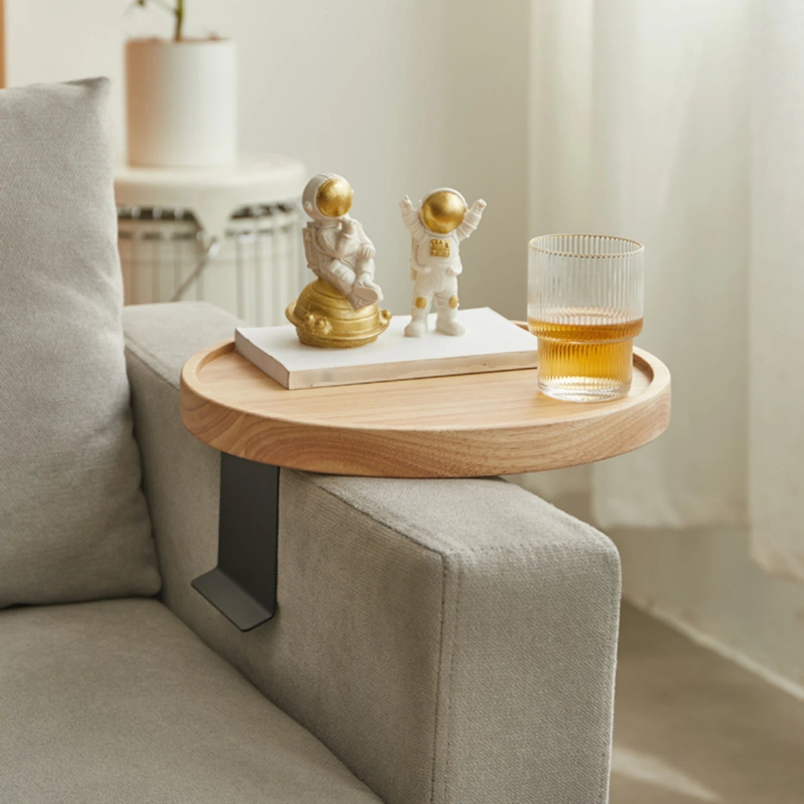 Round Sofa Armrest Tray – Space-Saving Wood Couch Table