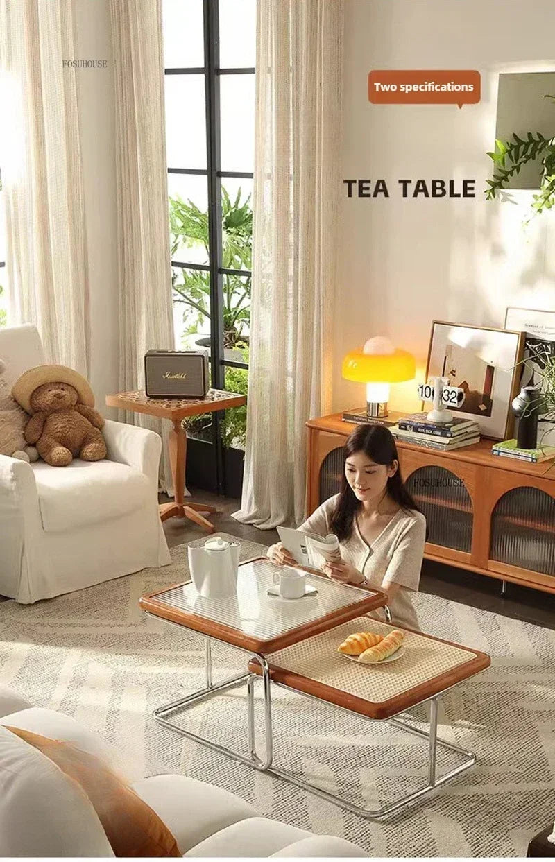 Table d'Appoint en Rotin Plateau Verre Style Rétro