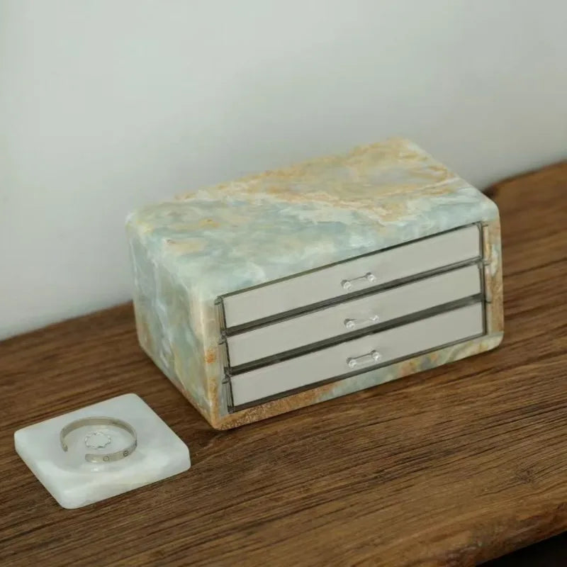 Boîte de Rangement en Marbre Onyx Rose Crème - 3 Niveaux