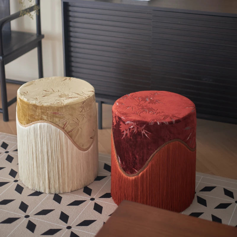 Tabouret Bas en Velours Frangé - Style Chinois Moderne